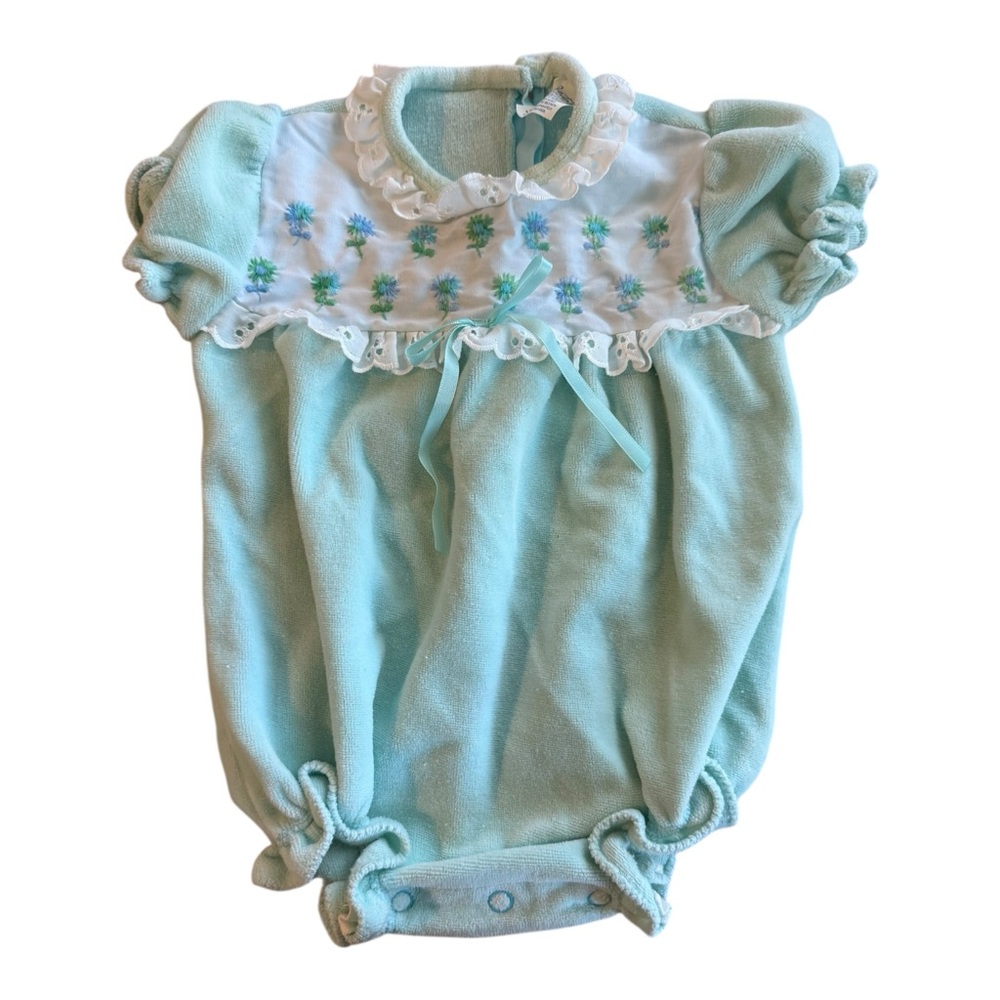 VTG Carter’s Baby Girl Romper 9M Aqua Blue Bow Smocked USA  Terrycloth Jumpsuit